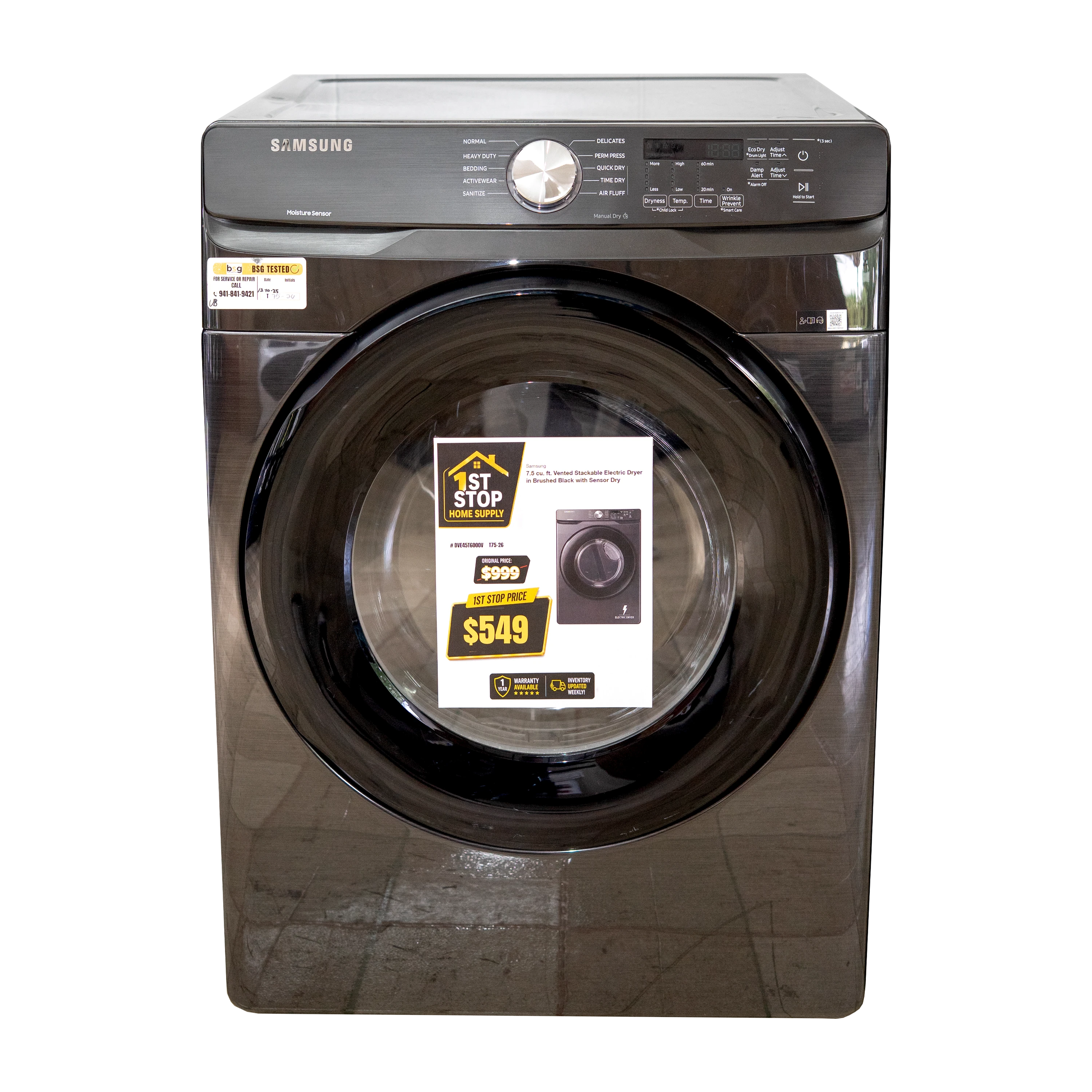 Samsung - 7.5 Cu. Ft. Stackable Electric Dryer with Sensor Dry - Black Stainless Steel