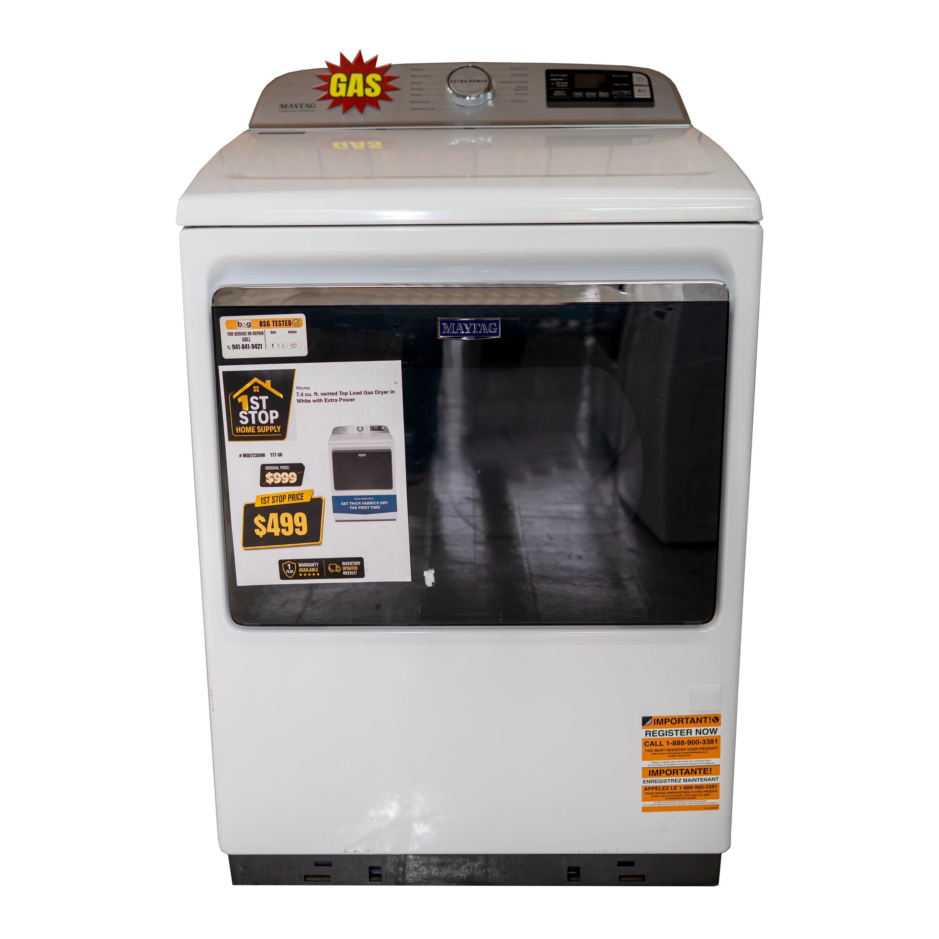 7.4 cu. ft. vented Top Load Electric Dryer in White with Extra Power