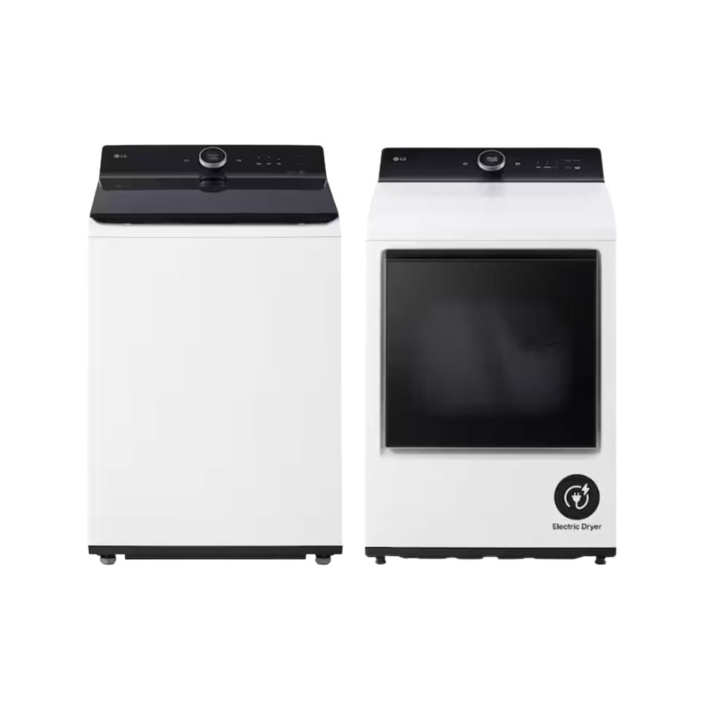 LG 5.5 cu. ft. Top Load Washer in White with EasyUnload, AI Sensing, ezDispense, Water Faucet & LCD Digital Dial Control and 7.3 cu. ft. vented SMART Electric Dryer in White with EasyLoad Door, TurboSteam and Sensor Dry Technology