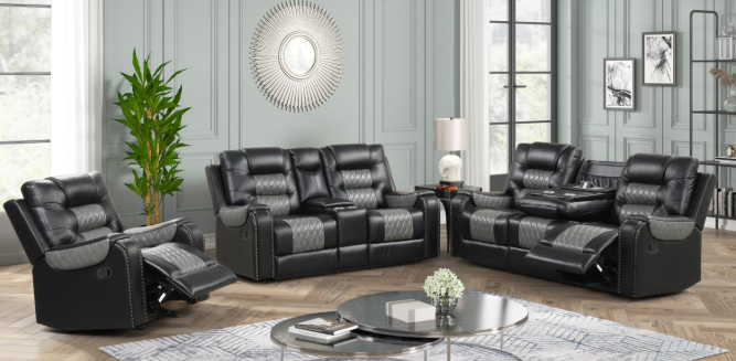Ohio - Black & Gray Manual Reclining, Drop-Down Table, Storage Console, Wireless Charger, Power Source, USB Charger and Cup Holder