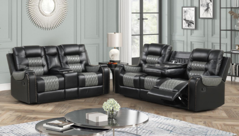 Ohio - Black & Gray Manual Reclining, Drop-Down Table, Storage Console, Wireless Charger, Power Source, USB Charger and Cup Holder