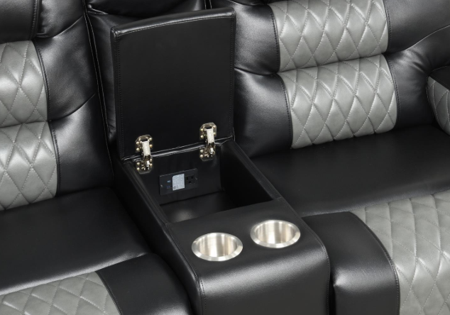 Ohio - Black & Gray Manual Reclining, Drop-Down Table, Storage Console, Wireless Charger, Power Source, USB Charger and Cup Holder