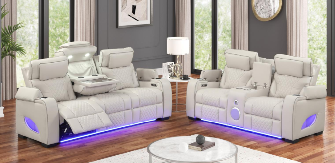 Rock Star - Gray Power Reclining with Power Headrest, Drop Down Table, Wireless Charger, Storage Console, Bluetooth Speaker, Subwoofer, Storage Armrest, LED Light, Cup Holder, USB Charger, Zero Gravity