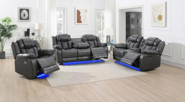 Cassio - Gray Color, Power Reclining, Drop-Down Table, Console, Bluetooth Speaker, Cup Holder, Built-in LED Light, USB Charger