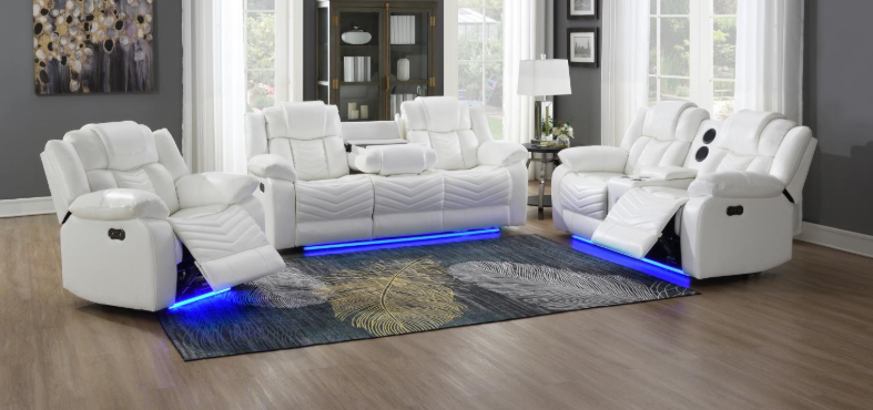 Cassio - White Color, Power Reclining, Drop-Down Table, Console, Bluetooth Speaker, Cup Holder, Built-in LED Light, USB Charger