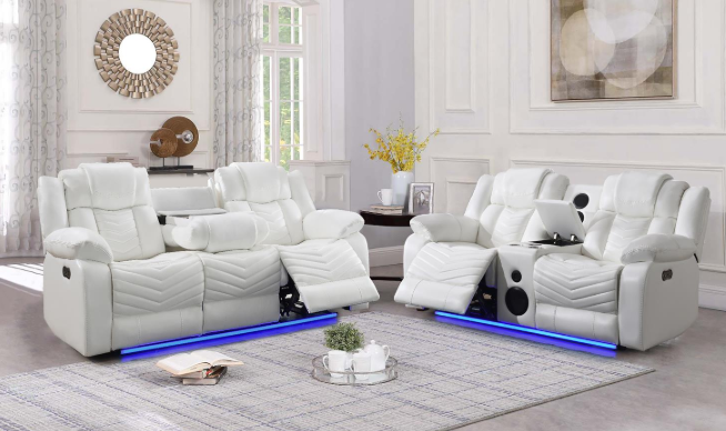 Cassio - White Color, Power Reclining, Drop-Down Table, Console, Bluetooth Speaker, Cup Holder, Built-in LED Light, USB Charger