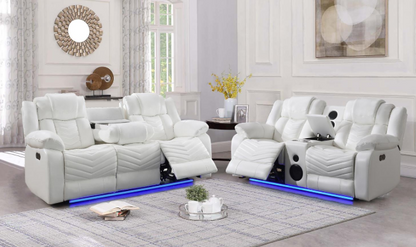 Cassio - White Color, Power Reclining, Drop-Down Table, Console, Bluetooth Speaker, Cup Holder, Built-in LED Light, USB Charger