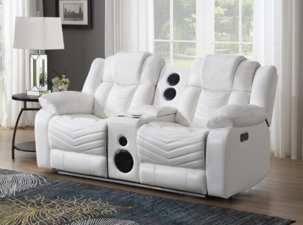 Cassio - White Color, Power Reclining, Drop-Down Table, Console, Bluetooth Speaker, Cup Holder, Built-in LED Light, USB Charger