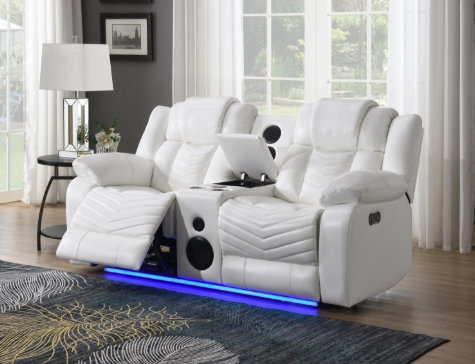 Cassio - White Color, Power Reclining, Drop-Down Table, Console, Bluetooth Speaker, Cup Holder, Built-in LED Light, USB Charger