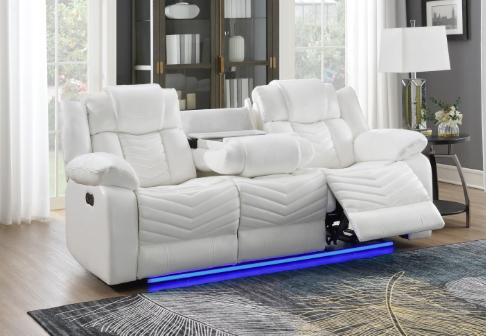 Cassio - White Color, Power Reclining, Drop-Down Table, Console, Bluetooth Speaker, Cup Holder, Built-in LED Light, USB Charger