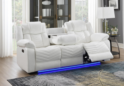Cassio - White Color, Power Reclining, Drop-Down Table, Console, Bluetooth Speaker, Cup Holder, Built-in LED Light, USB Charger
