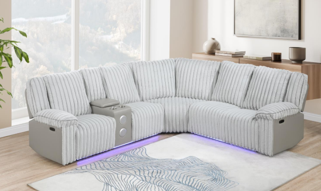Lainey - 3PC Gray Power Sectional with Bluetooth Speaker, LED, Storage Console, Power Source, Cup Holder, and USB Charger