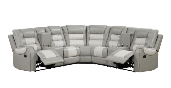 Ohio - Gray & Ice Manual Recliner Sectional with Storage Console, Power Source, USB Charger, Cup Holder