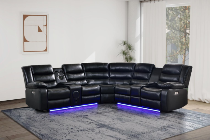 Sectional-1] Jovi - Sectional (S418_S419) (Black, Power, Tube LED, 3PC), Leather Gel, Brown With : Power Recliner, Console, Speaker, Sub Woofer, Tube LED light, Cup Holder, USB Charger Each
