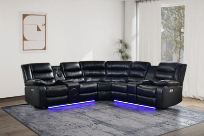 Sectional-1] Jovi - Sectional (S418_S419) (Black, Power, Tube LED, 3PC), Leather Gel, Brown With : Power Recliner, Console, Speaker, Sub Woofer, Tube LED light, Cup Holder, USB Charger Each