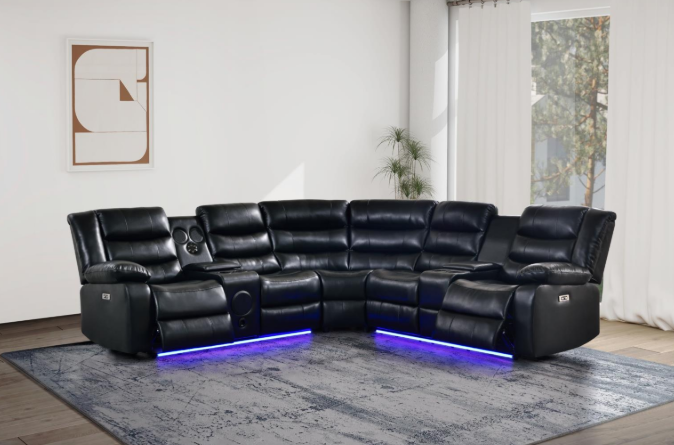Sectional-1] Jovi - Sectional (S418_S419) (Black, Power, Tube LED, 3PC), Leather Gel, Brown With : Power Recliner, Console, Speaker, Sub Woofer, Tube LED light, Cup Holder, USB Charger Each