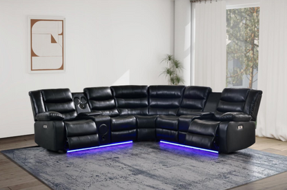 Sectional-1] Jovi - Sectional (S418_S419) (Black, Power, Tube LED, 3PC), Leather Gel, Brown With : Power Recliner, Console, Speaker, Sub Woofer, Tube LED light, Cup Holder, USB Charger Each