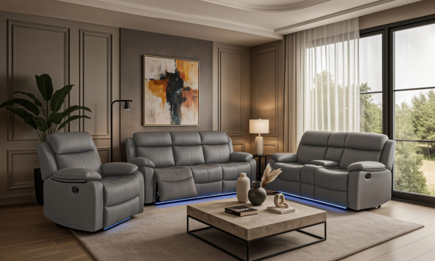 U6026 GREY PU 46A REC SOFA/CON REC LOVESEAT W/SPEAKER/GLIDER REC