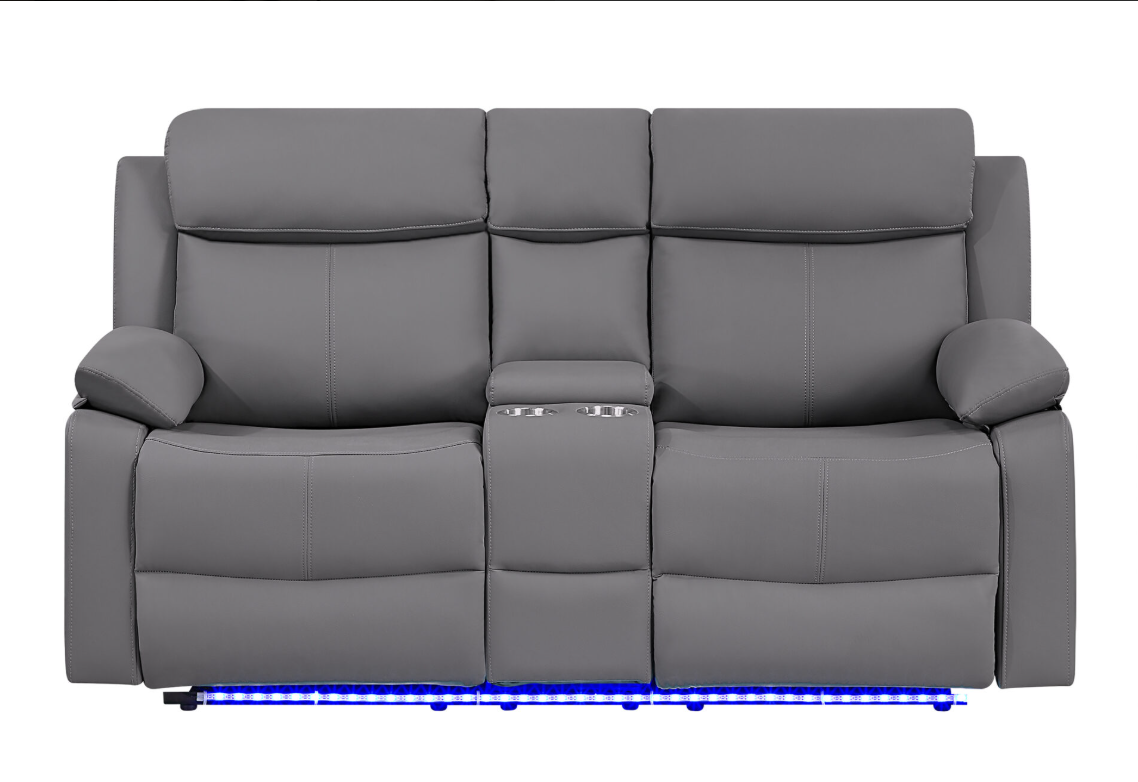 U6026 GREY PU 46A REC SOFA/CON REC LOVESEAT W/SPEAKER/GLIDER REC