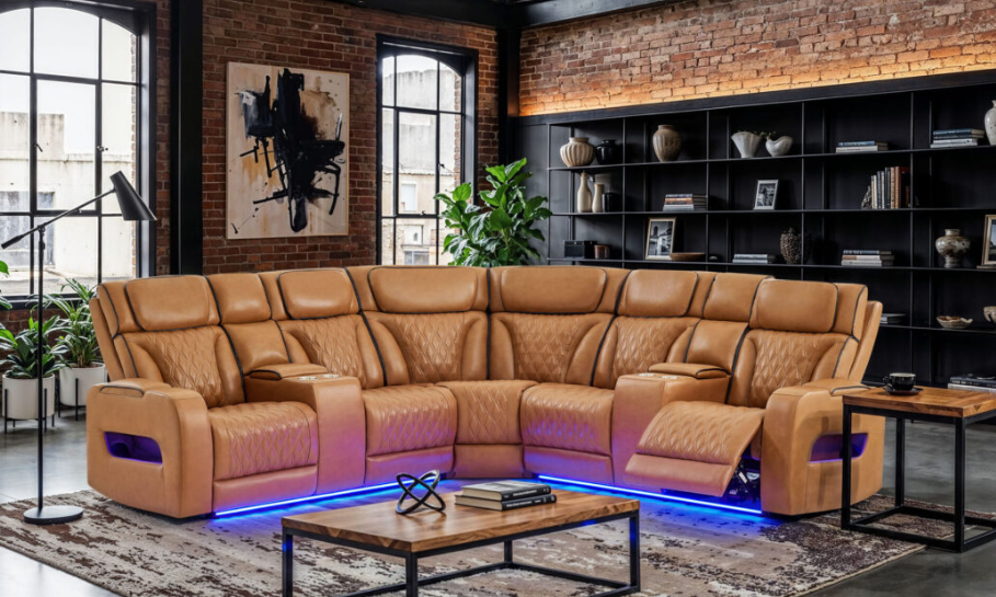 U8611 CAMEL SECTIONAL WITH POWER HEADREST, CONTINUOUS LED AND SPEAKER