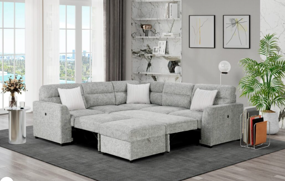 U9401 NICKEL SOFA BED SECTIONAL WITH 3 PILLOWS AND OTTOMAN