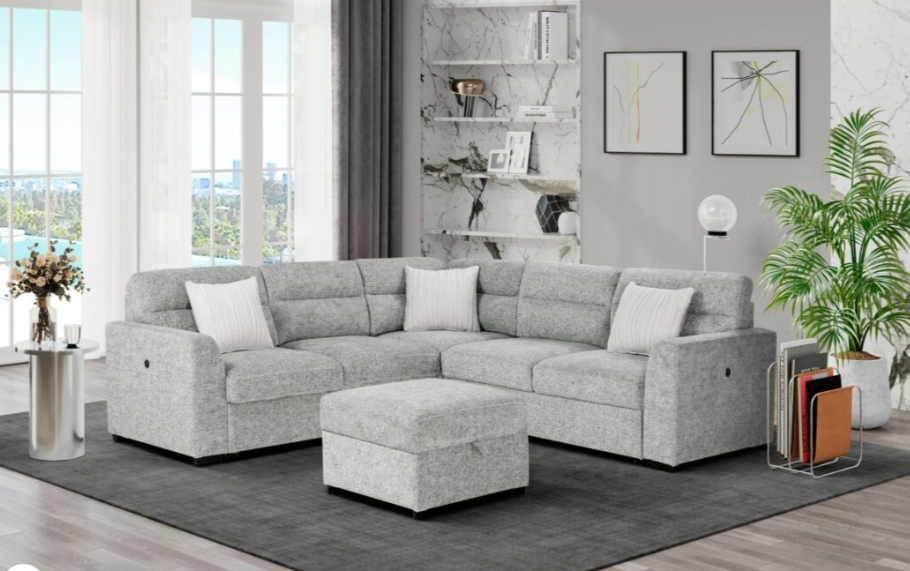 U9401 NICKEL SOFA BED SECTIONAL WITH 3 PILLOWS AND OTTOMAN