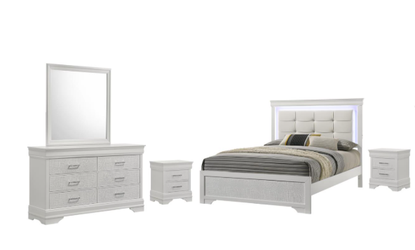 Arya - White King Bed, Dresser, Mirror, 2 Nightstand