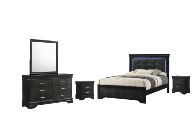Arya - Black King Bed, Dresser, Mirror, 2 Nightstand