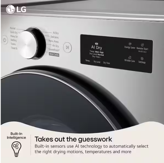 LG 7.4 cu. ft. Vented SMART Stackable Gas Dryer in Graphite Steel with TurboSteam, AI Sensing and LCD Display