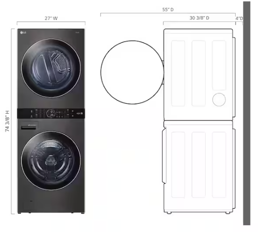 LG WashTower Stacked SMART Laundry Center 4.5 Cu.Ft. Front Load Washer & 7.4 Cu.Ft. Electric Dryer in Black Steel w/ Steam