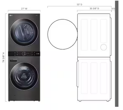 LG WashTower Stacked SMART Laundry Center 4.5 Cu.Ft. Front Load Washer & 7.4 Cu.Ft. Electric Dryer in Black Steel w/ Steam