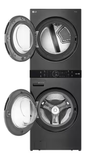 LG WashTower Stacked SMART Laundry Center 4.5 Cu.Ft. Front Load Washer & 7.4 Cu.Ft. Electric Dryer in Black Steel w/ Steam