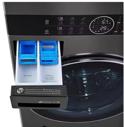 LG WashTower Stacked SMART Laundry Center 4.5 Cu.Ft. Front Load Washer & 7.4 Cu.Ft. Electric Dryer in Black Steel w/ Steam