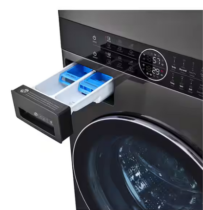 LG WashTower Stacked SMART Laundry Center 4.5 Cu.Ft. Front Load Washer & 7.4 Cu.Ft. Electric Dryer in Black Steel w/ Steam