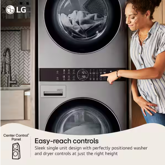 LG WashTower Stacked SMART Laundry Center 4.5 Cu.Ft. Front Load Washer & 7.4 Cu.Ft. Electric Dryer in Graphite Steel
