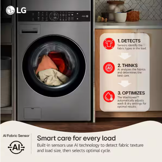 LG WashTower Stacked SMART Laundry Center 4.5 Cu.Ft. Front Load Washer & 7.4 Cu.Ft. Electric Dryer in Graphite Steel