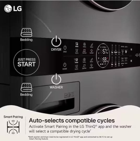 LG WashTower Stacked SMART Laundry Center 4.5 Cu.Ft. Front Load Washer & 7.4 Cu.Ft. Electric Dryer in Graphite Steel
