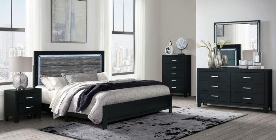 BEDROOM SET REID BLACK QUEEN BED WITH LED,DRESSER,MIRROR AND 2 NIGHTSTAND