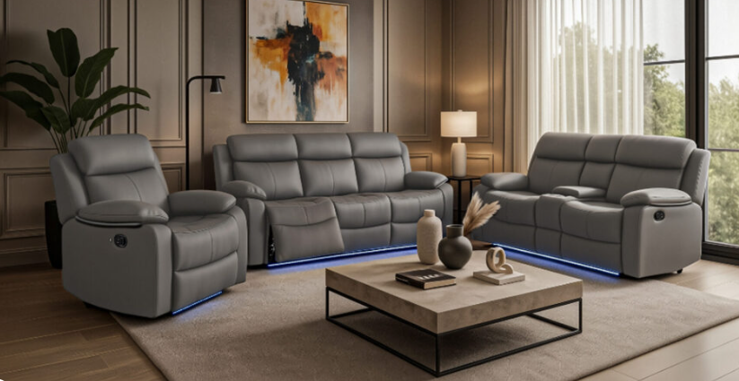 GREY PU 46A REC SOFA/CON REC LOVESEAT W/SPEAKER/GLIDER REC
