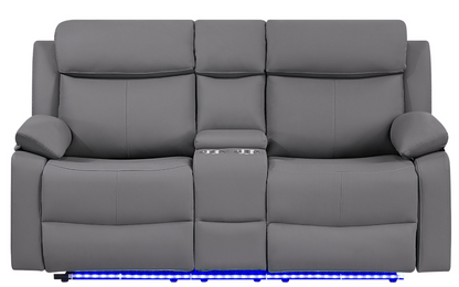 GREY PU 46A REC SOFA/CON REC LOVESEAT W/SPEAKER/GLIDER REC
