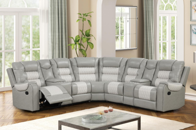 Ohio - Gray & Ice Manual Recliner Sectional with Storage Console, Power Source, USB Charger, Cup Holder